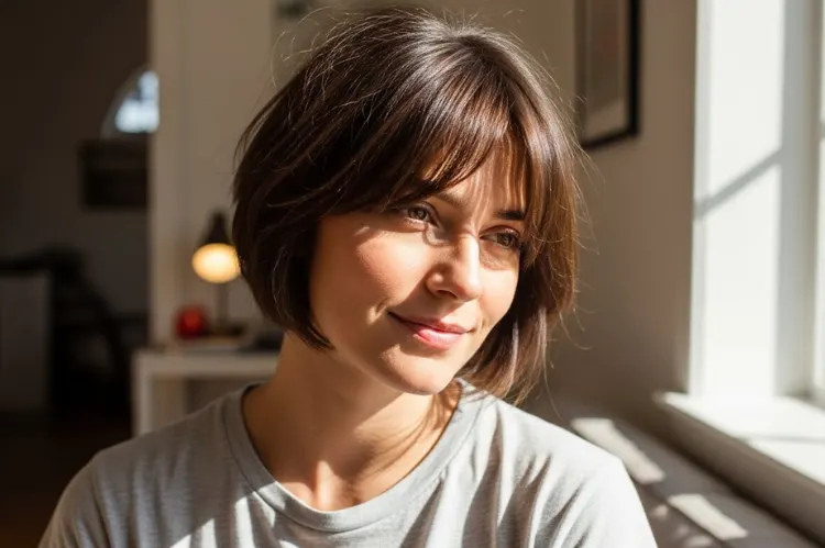 A woman adapting a celebrity-inspired short haircut with bangs into a casual everyday look.