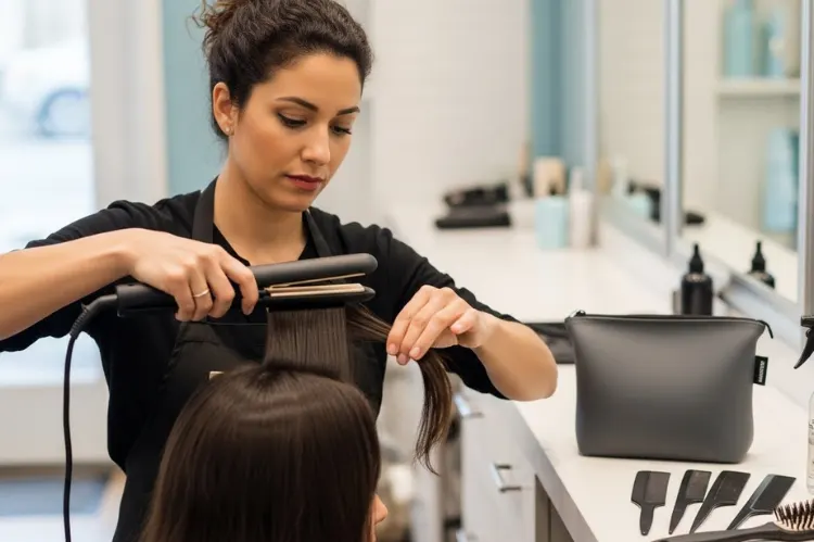 A woman safely styling hair with proper technique, heat-resistant pouch nearby, organized styling area.