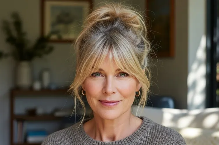 A woman over 50 wearing a messy bun hairstyle with loose face-framing bangs.