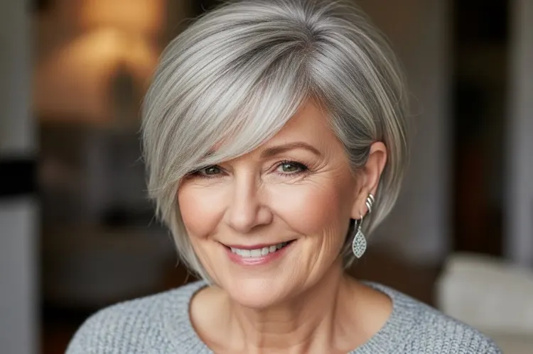 Create an image of a middle-length pixie haircut on a woman in her 60s.