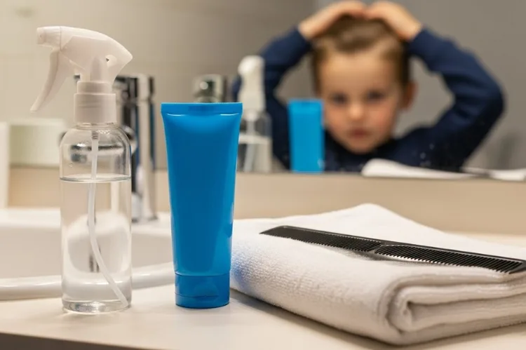 Close-up of a sink countertop with a spray bottle, basic hair gel, towel, and comb.