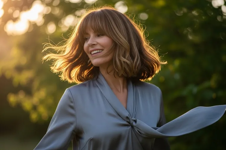 A stylish woman in her 50s with layered shoulder-length hair and youthful bangs.