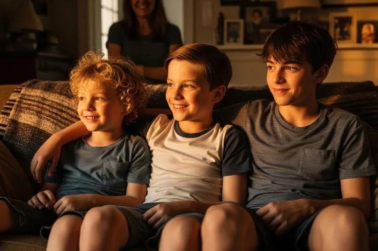 End-of-day family moment with three boys sitting together, each with different haircuts.