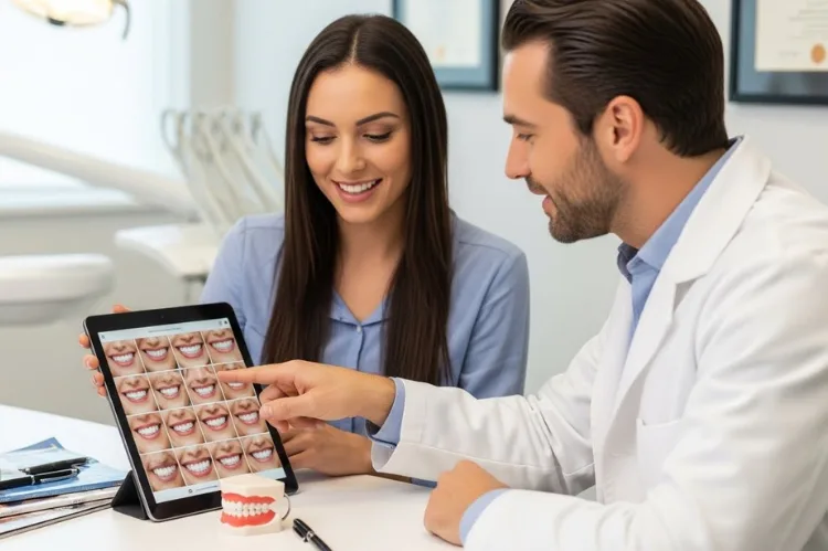 Patient showing smile reference photos to cosmetic dentist.