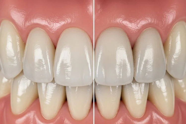 Side-by-side comparison of porcelain veneers and composite veneers, dental model display.