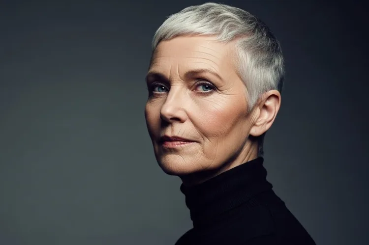 Show a fearless older woman with a buzzed pixie cut, radiating power and confidence.