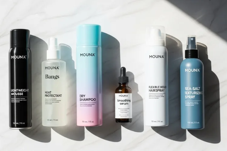 A neatly arranged flat-lay of hair products for bangs lightweight mousse.