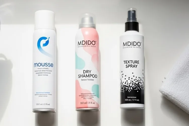 Flat lay image of affordable hair products (mousse, dry shampoo, texture spray) arranged neatly on a bathroom counter.