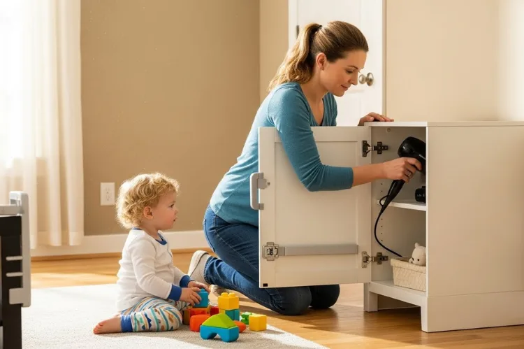 A parent placing a hair appliance in a locked cabinet, child-safe environment, clean warm home interior.