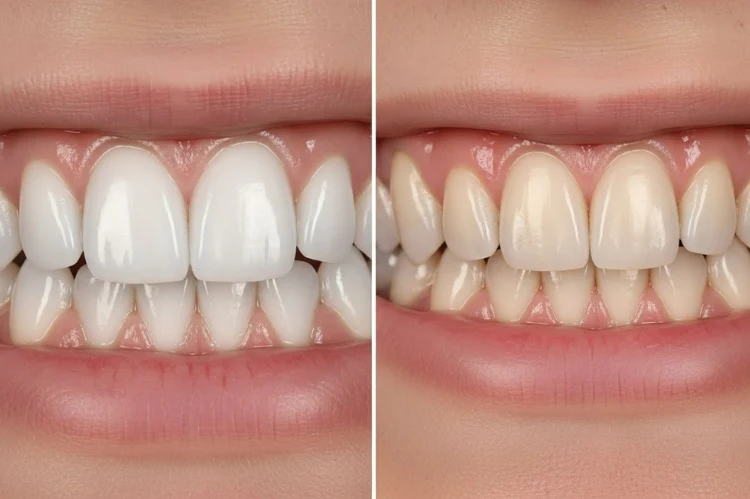 Side-by-side comparison of porcelain veneers and composite veneers, dental model display.