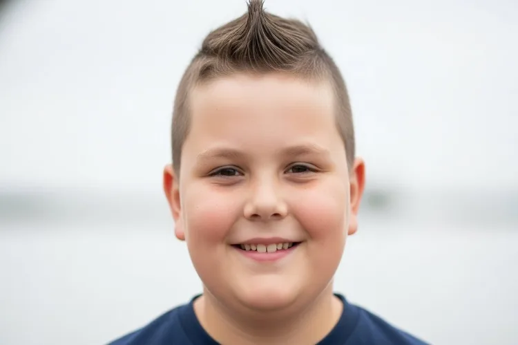 A smiling young boy with a round face sporting a subtle faux hawk haircut.