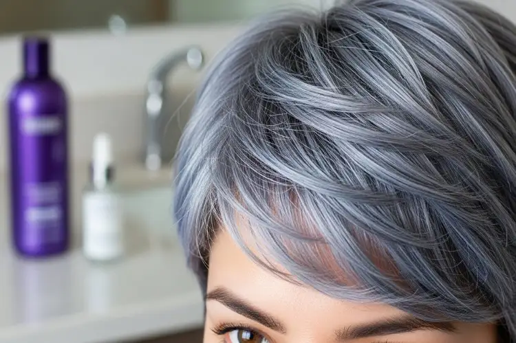 Show a close-up of grey pixie hair under soft lighting, highlighting cool silver tones.