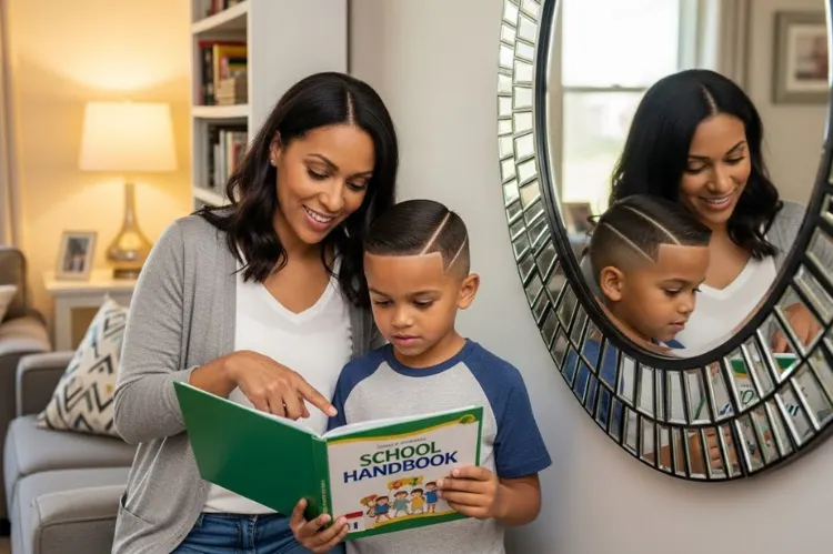 A parent and child looking at a school handbook while standing in front of a mirror at home.