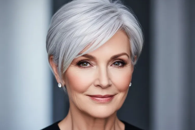 Create a glamorous portrait of a woman in her 60s wearing a stunning silver pixie cut.