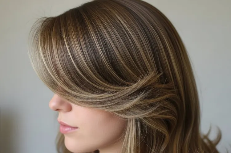 A woman over 50 with sleek shoulder-length blowout hairstyle, curved-under bangs, glossy smooth finish