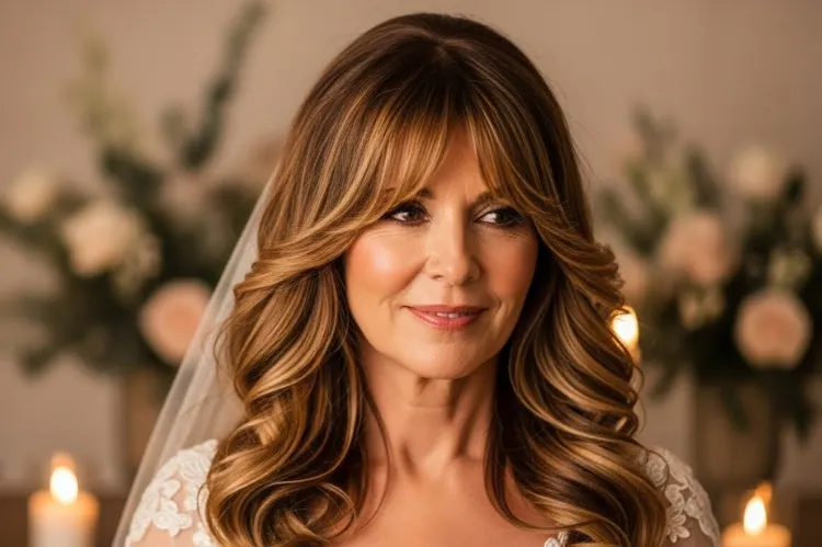 A mature woman with long soft curls and wispy bangs blending into face-framing layers.