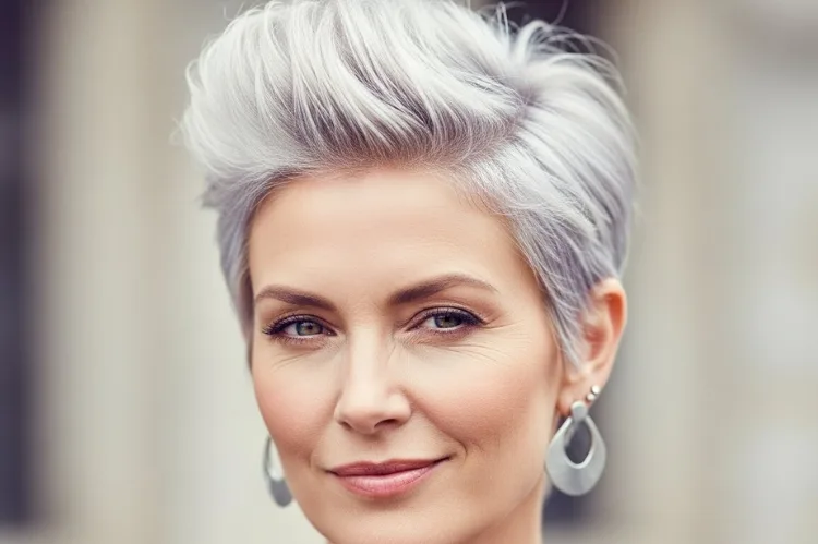 Create a stylish, edgy spiky pixie haircut on a mature woman with fine hair.