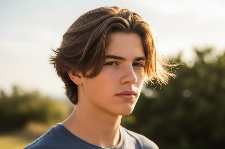 A boy with a strong square jawline wearing a medium-length, layered surfer-style haircut.