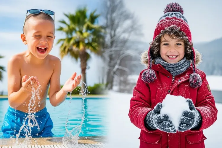 Split-season image: left side shows a boy in summer clothing.