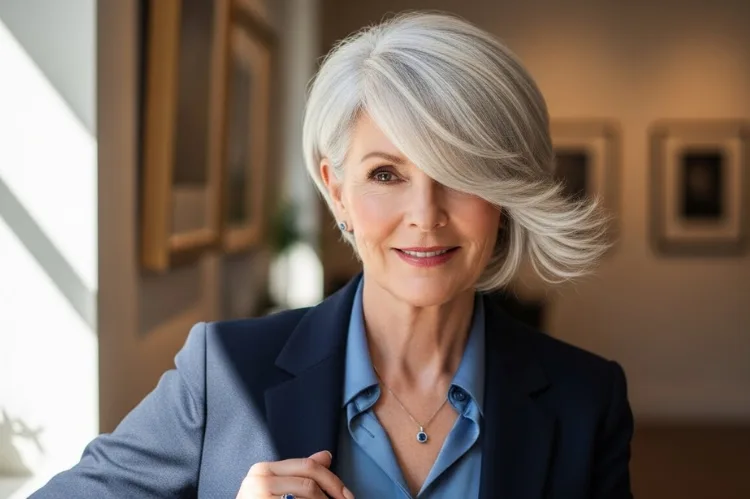 Create a stylish woman in her 60s with a long pixie haircut featuring dramatic side-swept bangs.