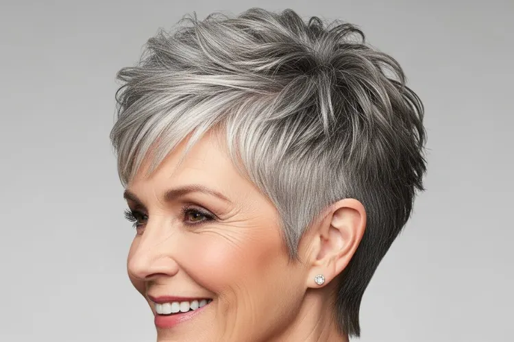 Create a hairstyle-focused image of a choppy pixie cut with enhanced crown lift.