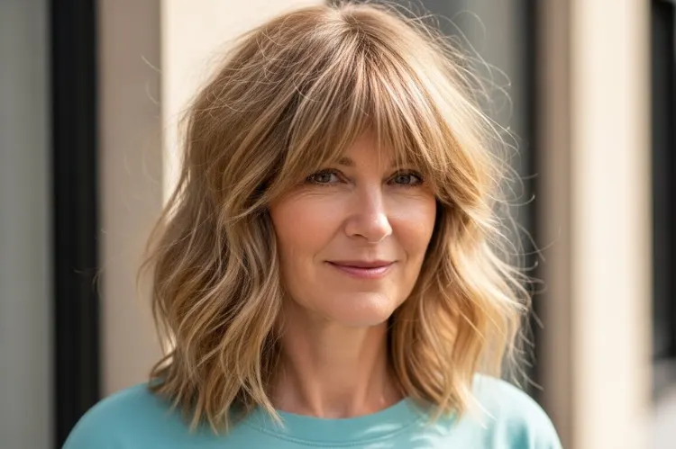 A woman over 50 wearing a textured long bob with curtain bangs, slightly messy lived.