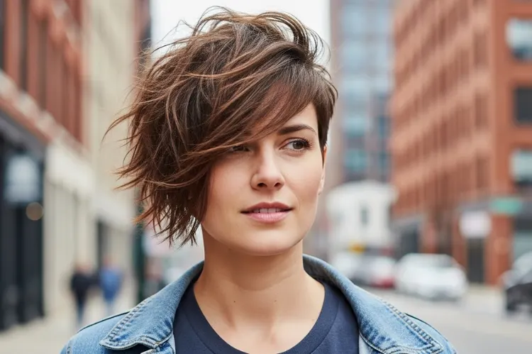 A woman with a textured pixie haircut and side-swept bangs, styled messy and playful.