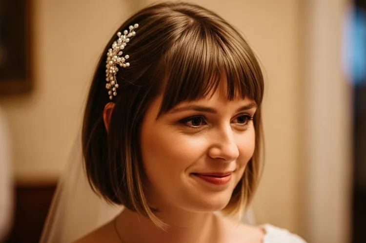 A woman dressed for a wedding with short layered hair and bangs styled simply.