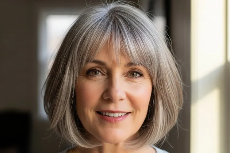 A woman over 50 with an air-dried bob haircut, natural texture, lightly textured bangs.