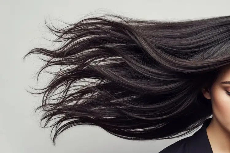Healthy natural hair flowing freely, soft light, clean background.