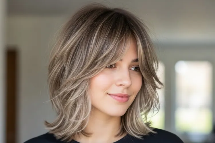 A woman over 50 with shoulder-length choppy layers and side-swept bangs.