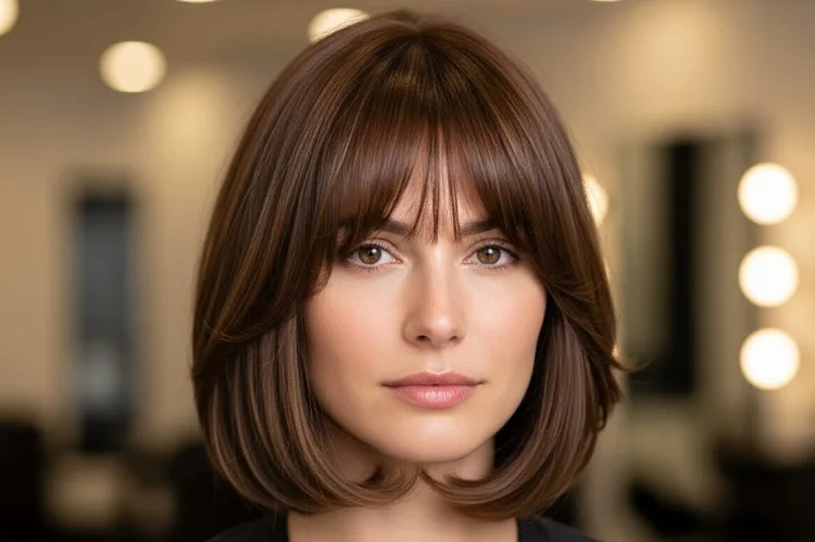 A close-up portrait of a woman with a classic layered bob haircut and straight bangs.