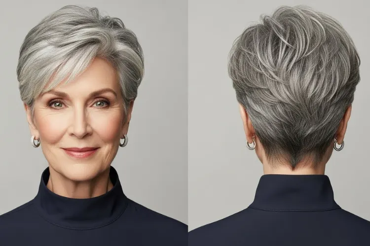 Show a sophisticated woman over 60 wearing a classic tapered pixie haircut.
