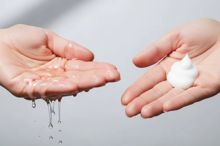 Two hands comparing shampoo amounts, one watery and dripping.