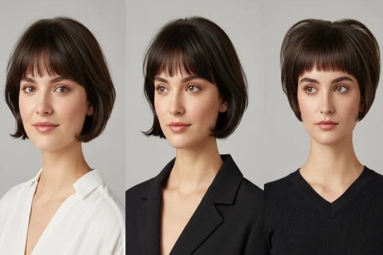 A collage-style image featuring three women with different face shapes (round, oval, heart).