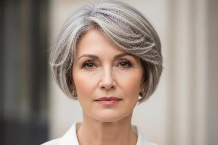 Generate a portrait of a mature woman with a feminine cropped pixie cut.