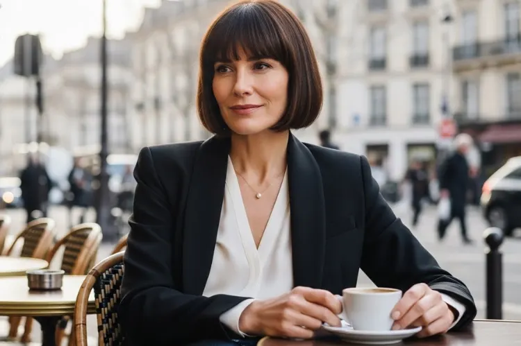 A woman over 50 wearing a chic French bob haircut. 
