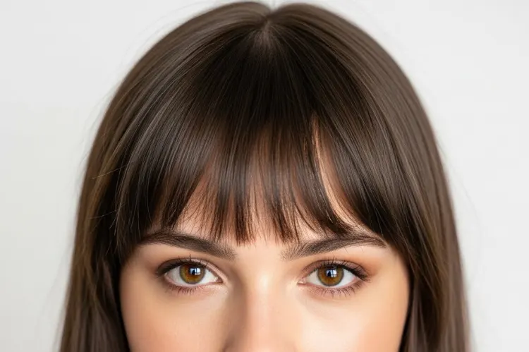 A step-by-step visual of growing out bangs on a mature woman—from full fringe to side-swept to blended face.