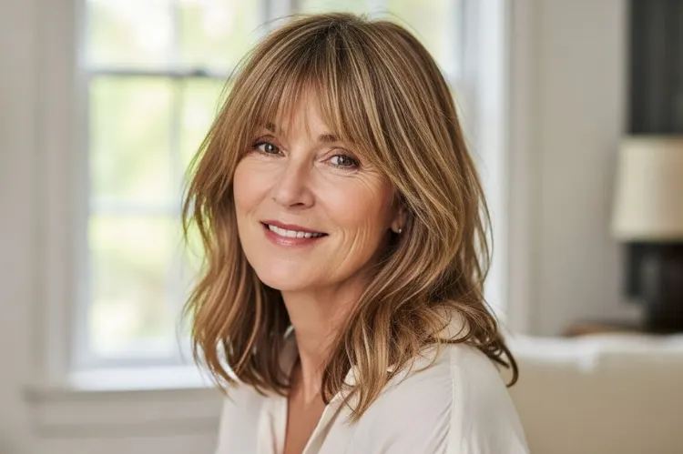 woman over 50 with a lived-in long bob haircut, grown-out bangs, effortless undone style.
