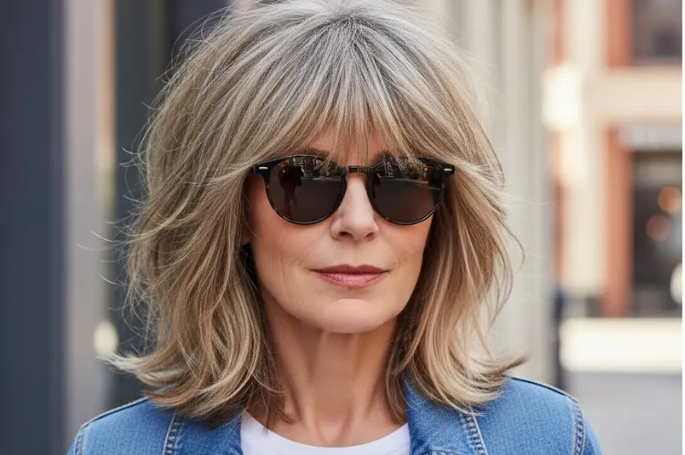 A stylish woman over 50 wearing a medium-length modern shag haircut.