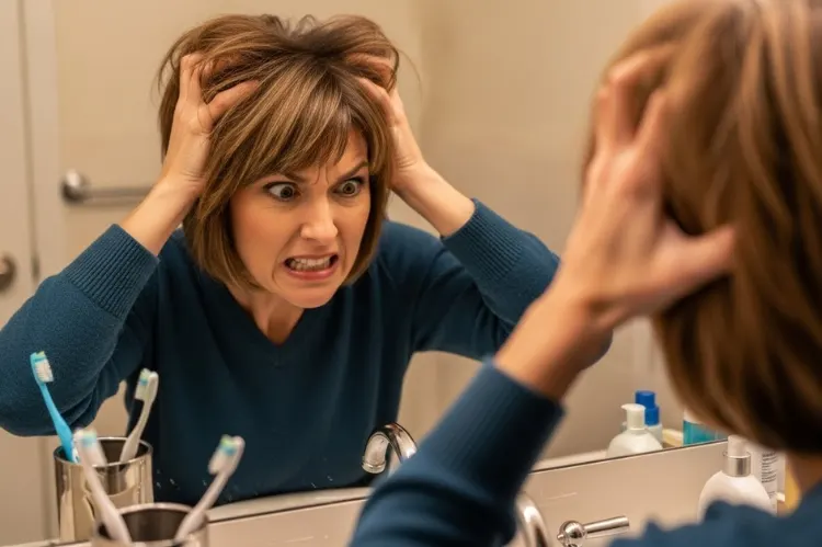 A woman looking at herself in the mirror with an exaggerated frustrated expression.