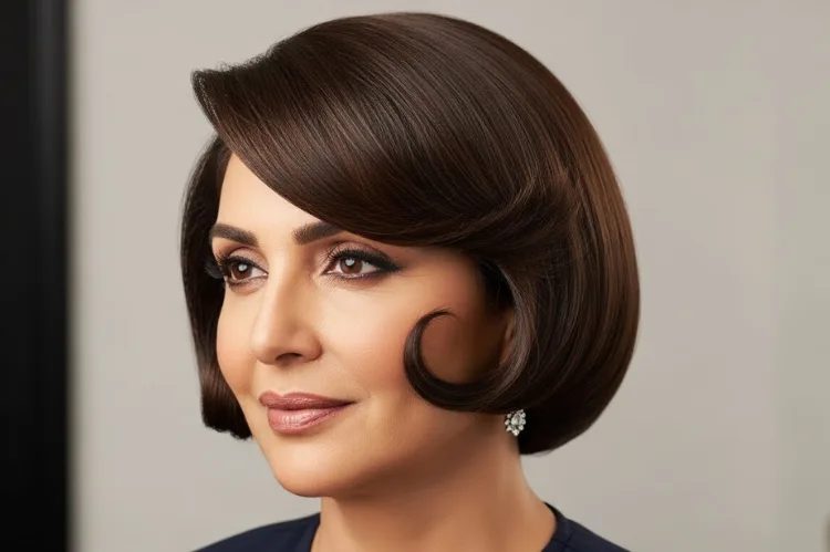 woman over 50 with medium-length sleek pageboy haircut, turned-under ends.