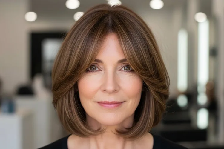 A woman over 50 with shoulder-length bob haircut featuring soft center-parted curtain bangs.
