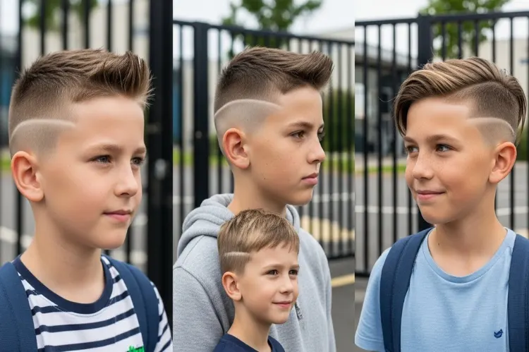 Close-up street-style portraits of boys aged 6–12 standing near a school gate.