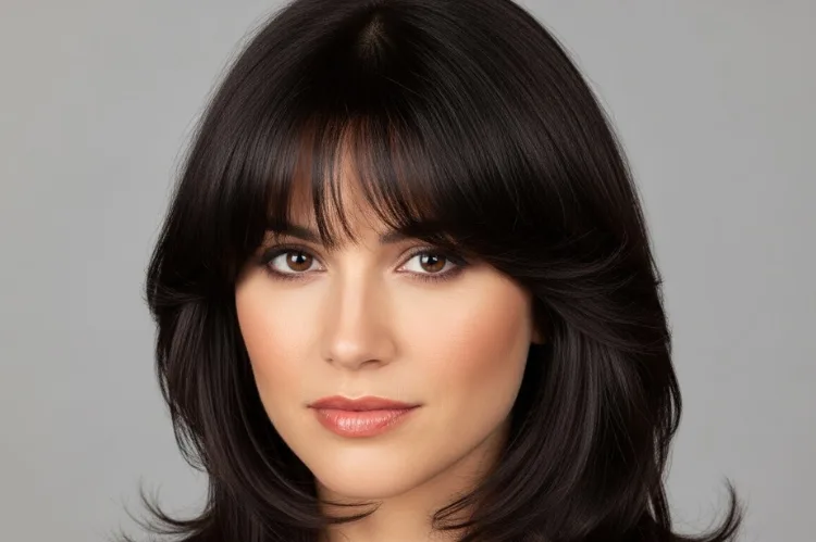 A curated collage-style display of five different bang styles worn by women over 50.