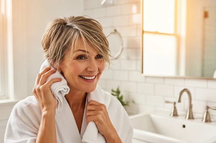 Create an image of a woman over 60 enjoying a true wash-and-go pixie cut.
