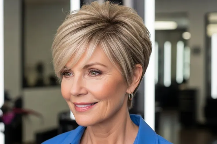 A mature woman with a pixie-bob haircut, shorter nape, lifted crown, wispy delicate bangs.