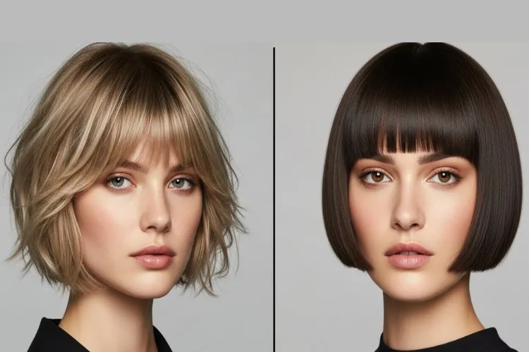 Split image showing wispy bangs on one side and blunt bangs on the other, both paired with short haircuts.