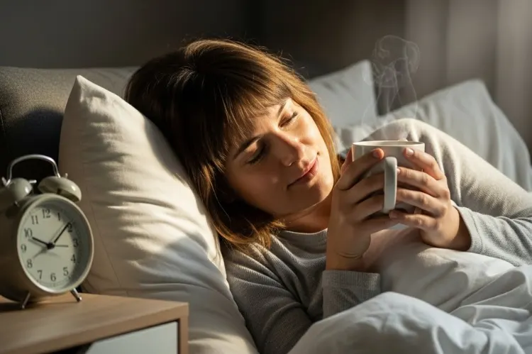 A woman with short layered hair and bangs relaxing in bed with a coffee.