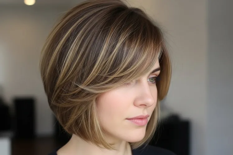 A woman with short-to-medium layered hair and long side-swept bangs styled intentionally to hide uneven growth.